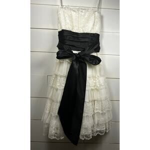 Masquerade White Lace Tiered Dress with Black Satin Ribbon,  Size 7-8
